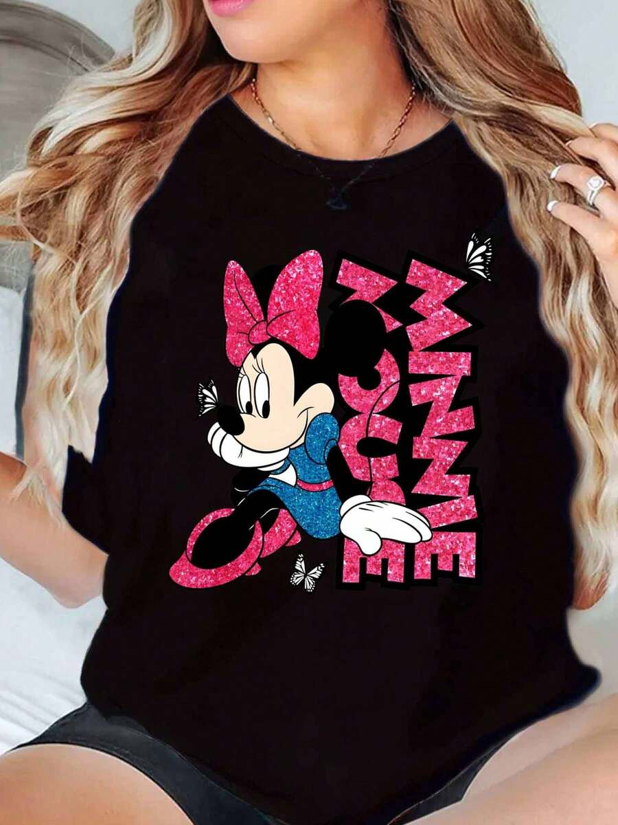 Minnie Mouse Glitter Pink Bow And Text Print Disney Women T Shirt Round Neck Short Sleeve Casual Everyday Wear Summer Holiday Soft Comfortable 220g - màu đen - Xem 1
