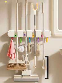 1 Set Dopamine Color Mop Holder, Wall Mounted Mop And Broom Storage Rack, No Drilling Installation, Bathroom Hanger, Multipurpose Hanging Organizer Suitable For Home, Bathroom, Garage - Great For Mops, Brooms And Long-Handle Tools - Durable Plastic Material - Multicolor - View 3