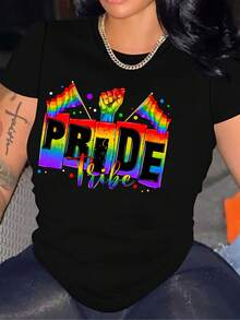 Camiseta de Cuello Redondo con Estampado de Letras Arcoíris para Primavera y Verano - Negro - Ver 1