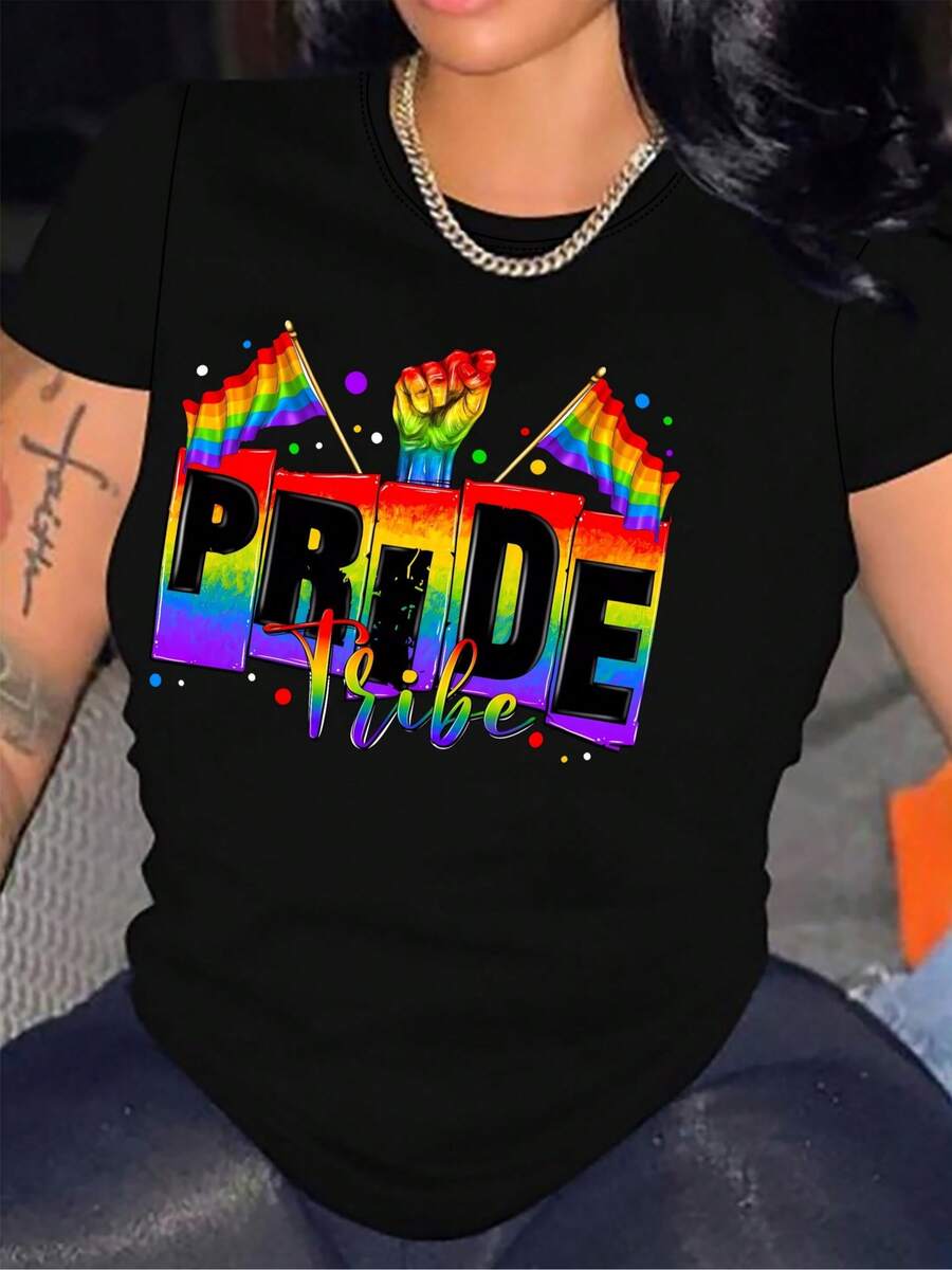 Camiseta de Cuello Redondo con Estampado de Letras Arcoíris para Primavera y Verano - Negro - Ver 1
