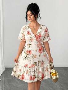 Vestido floral de escote en V para mujer talla, falda suelta tipo babydoll en línea A, perfecto para bodas de verano y primavera, vestido elegante para fiestas, vestido primaveral para vacaciones occidentales, conjunto de verano para mujer, vestido romántico. - Multicolor - Ver 2