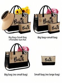 「海灘」椰子樹印花海灘托特包套組，海灘配件帆布包，含女士海灘帽卡其色波浪海灘遮陽帽，單肩包，手提包，亞麻化妝包，寬簷防曬帽，蝴蝶結戶外旅行帽，最佳夏季假期，2026夏季假期 - 彩色 - 查看 7