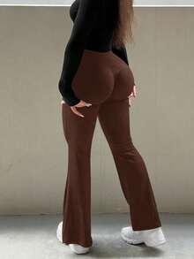 AiTyi Women's Black Flare Leg Pants With Drawstring Waist, Medium Stretch Long Yoga Training Daily Wear Bottoms, Bodycon Fit Fall Season Style - Coffee Brown - View 3