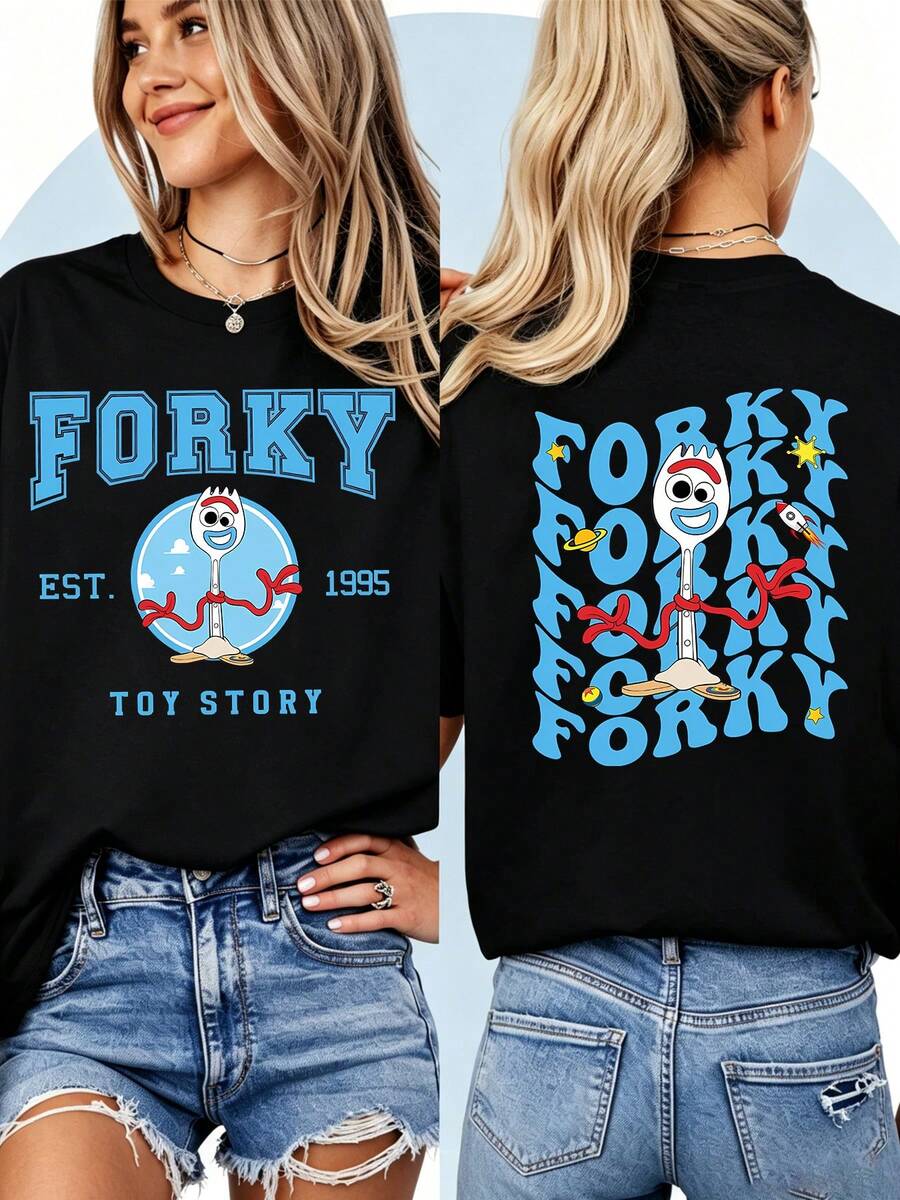 Toy Story "Forky EST. 1995" Double-Sided T-ShirtPerfect For Taking Photos At Disneyland, As A Souvenir, Casual Everyday Wear, Or Matching Family Outfits. It's Also An Ideal Valentine's Day Gift For Friends And Family. Unisex, A New Spring Style, Comfortable And Skin-Friendly, Suitable For Outdoor Wear. - Black - View 1