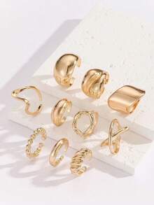 10pcs Gold Asymmetrical Geometric Textured Rings, Suitable For Women's Daily And Party Wear - Yellow Gold - View 8