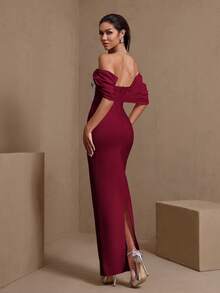 Jacquard Strapless Long Mermaid Dress With Oversized Bow, For Party & Evening Gown - Burgundy - View 2
