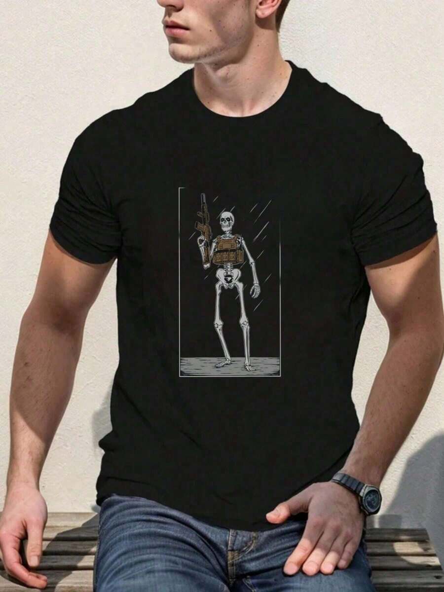 Camiseta Táctica de Algodón 100% para Hombre con Estampado Esquelético - Jersey Preencogido y Tejido Anillo, Gráficos por Sublimación en Tinte, Ajuste Regular Manga Corta para Uso Todo el Año (Tallas S-3XL) | Camiseta Audaz Visual | Camisa de Tela Duradera - Negro - Ver 1