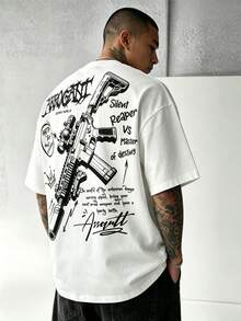 Men's Dark Gun Pattern Print White Casual Street Style Short Sleeve T-Shirt Top - White - View 4
