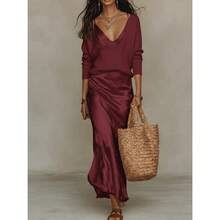 Women's Apricot Two-Piece Co-Ord Set, Deep V Knit Sweater & Satin Slip Dress, Casual Elegant Outfit For Daily, Home & Leisure - 粉紅色套裝 - 查看 10