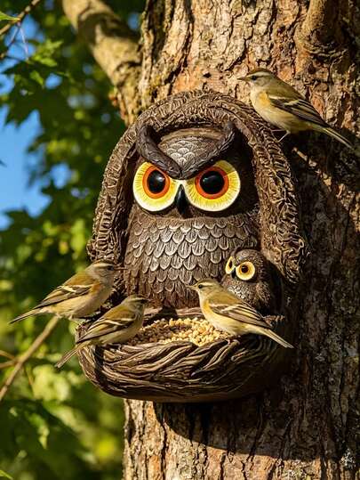 1pc Owl Shaped Bird Feeder, Resin Material, Tree Trunk Wall Mount Design, Outdoor Waterproof Bionic Style, Yard & Garden Decor, Bird Watching Accessory, Spring Gardening Ornament, Holiday Gift