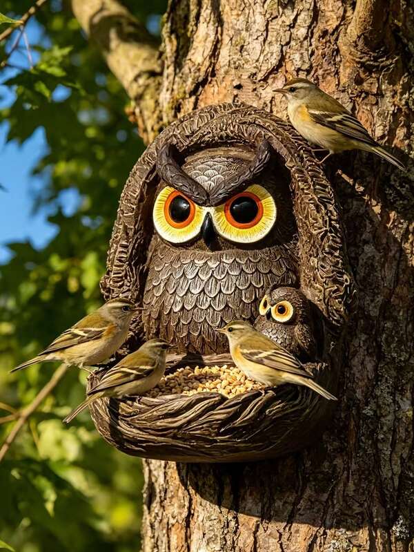 1pc Owl Shaped Bird Feeder, Resin Material, Tree Trunk Wall Mount Design, Outdoor Waterproof Bionic Style, Yard & Garden Decor, Bird Watching Accessory, Spring Gardening Ornament, Holiday Gift