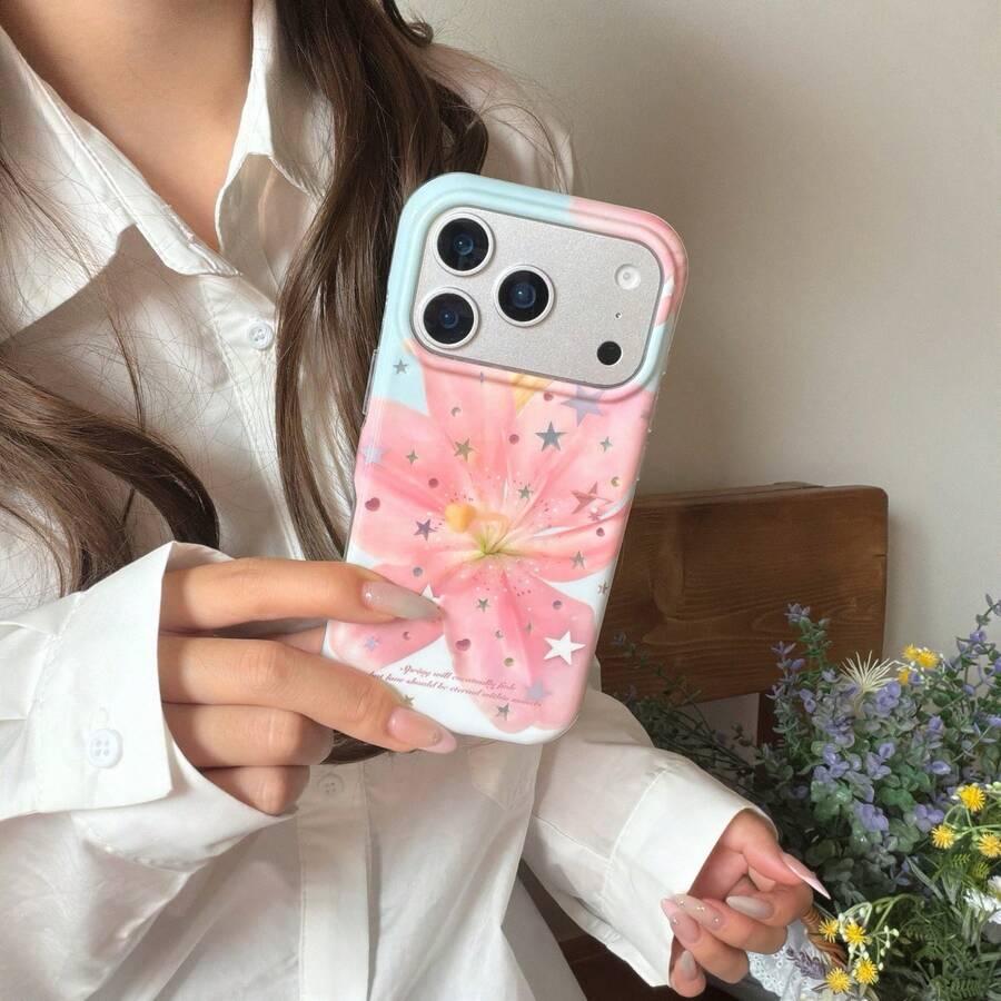 Fashionable Creative Gold-Plated Star & Lily Flower Phone Case For IPhone 17 Pro Max, 16 Pro Max, Cute For Girls, Suitable For IPhone 15 Pro, 14, 13, Protective Cover, Birthday/Holiday Gift