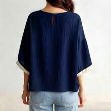 Women's Blouse Top T-Shirt Summer Clothes Round Neck Short Sleeve Simple Loose Casual Stylish Adult Figure-Flattering Relaxed Lightweight Breathable Everyday Wear Loungewear - Navy Blue - View 2