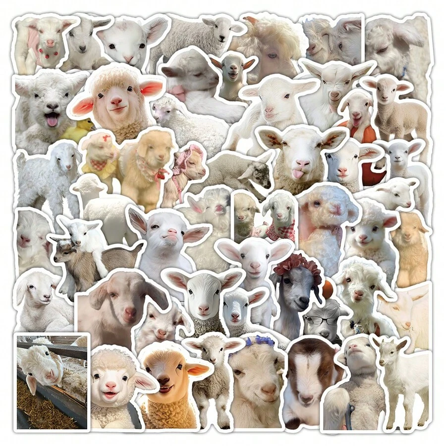 50pcs Cute Lamb Sticker Set - Adorable Bow-Tie/Fluffy Texture Lamb Design, Decorative Stickers For Tablets, Laptops, And Journals, Healing Farm Animal Theme, Removable Stickers School Supplies - 1 Set - View 1
