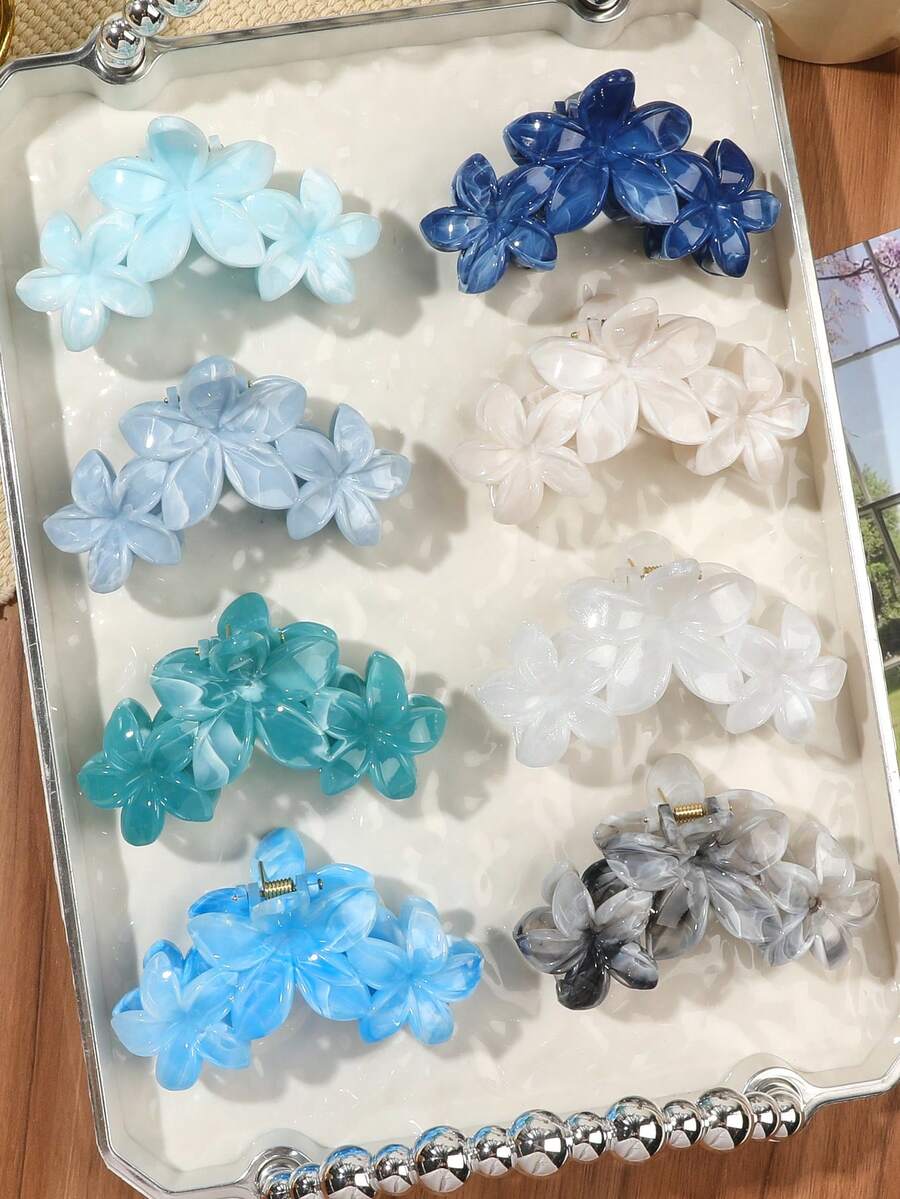 8件套蓝色茄子花拼布发夹，包括发爪、马尾夹，简约清新优雅的沙滩度假发型配饰