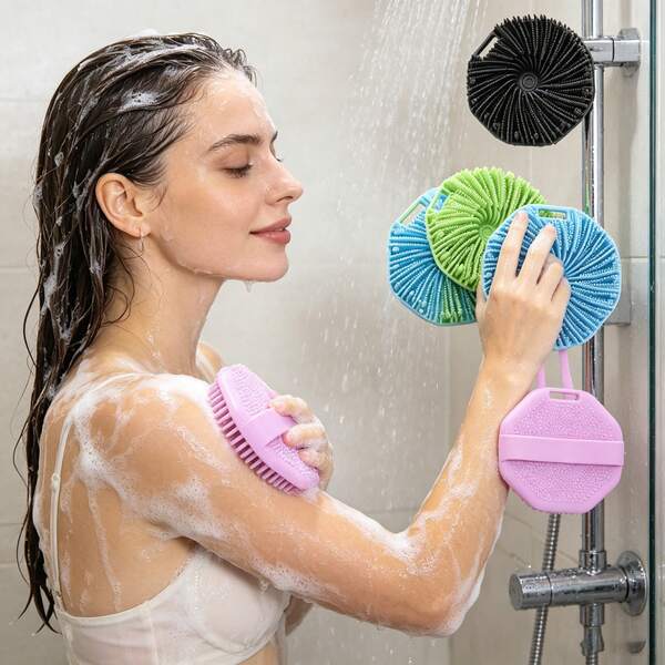 1 pezzo Spazzola da bagno in silicone esagonale minimalista e pratica, massaggio di pulizia profonda, montabile a parete e portatile, adatta per bagno, doccia, casa e viaggio, accessorio da bagno pratico, perfetto come regalo per compleanno, laurea, vacanze estive e Capodanno