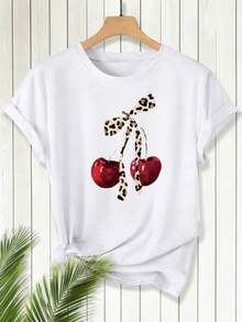 Camiseta de mujer de verano casual, de talla grande, manga corta, con estampado de lazo de leopardo y cerezas, ideal para regalar a amigos y familiares. 100% algodón. - Blanco - Ver 1