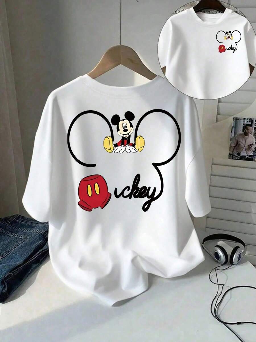 Disney Mickey Mouse Short-Sleeved T-Shirt, Minimalist Mickey Ear Silhouette Design With Front And Back Print, Handwritten Lettering Details, White Loose-Fit Crew Neck T-Shirt Made From Soft, Breathable 100% Cotton Fabric. Suitable For Disney Fans, Everyday Wear, Leisure And Family Outfits, Combining Classic Cartoon Charm With A Simple Street-Style Design. - trắng - Xem 1