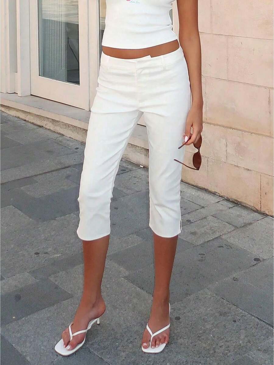 Women's Y2K Low Rise Capri Pants Slim Fit Cropped Trousers With Split Hem Animal Print And Solid Color Options For Spring And Summer Casual Streetwear - White - View 1