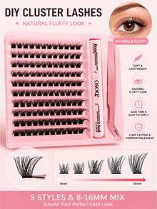 120 piezas Conjunto de pestañas postizas en racimo con estilo C-Curl, incluye pegamento de doble uso y pinzas, 5 estilos mixtos de 8-16mm, naturales, esponjosas, suaves y ligeras, reutilizables, adecuadas para maquillaje diario y de fiesta, pestañas en racimo, kit de pestañas DIY - Negro - Ver 2