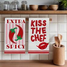 2pcs Kitchen Towels, Red Striped Chili Pepper Pattern, 40*60cm Modern Minimalist Rectangular Super Soft Fiber Kitchen Towels, Dish Cloths, Hand Towels, Kitchen Decor, Housewarming Gift, Suitable For Kitchen And Bathroom, Great For Homemakers And Family Gatherings, High Cost-Effective Household Essential - Red - View 1