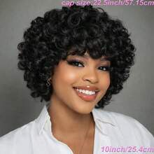 Layered Short Loose Curly Pixie Cut Human Hair Wig For Women Black Colored Human Hair Wig With Bangs Remy Peruvian Human Hair Wig Elastic Net Full Machine Made Holiday Wear Party Wear - Natural Black - View 6