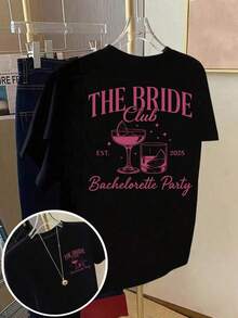 Versatile Short Sleeve T-Shirt With Front And Back Print - Fashionable Design For Bachelor Parties And Singles Clubs - Women's Spring/Summer Printed T-Shirt, Textured Fashion Item - Black - View 7