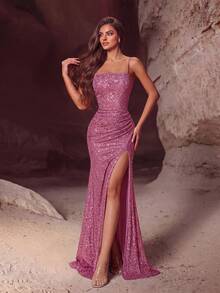 ADYCE Sequin Backless Ruched Slit Maxi Dress, Suitable For Party, Event, Wedding Guest, Formal Occasion, Banquet - Dusty Pink - View 1