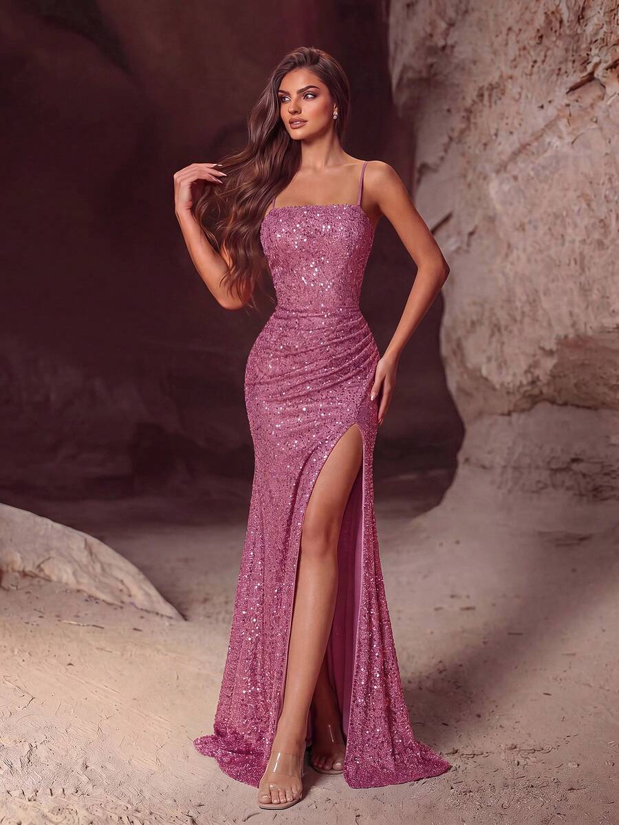 ADYCE Sequin Backless Ruched Slit Maxi Dress, Suitable For Party, Event, Wedding Guest, Formal Occasion, Banquet - Dusty Pink - View 1