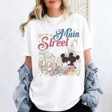 Disney "Meet Me On Main Street" Magic Kingdom Castle Oversized T-Shirt Unisex, 100% Cotton Vintage Short Sleeve Casual Top, Minnie & Daisy Graphic Print Tee - 白色 - 查看 1
