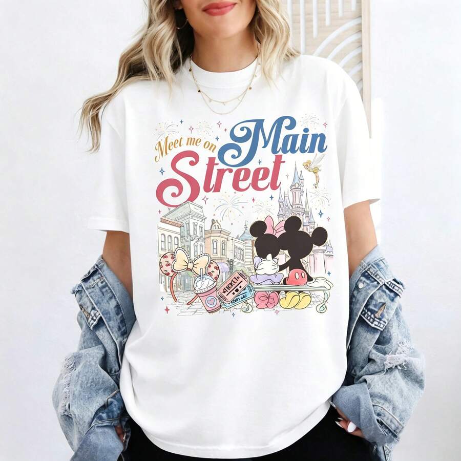 Disney "Meet Me On Main Street" Magic Kingdom Castle Oversized T-Shirt Unisex, 100% Cotton Vintage Short Sleeve Casual Top, Minnie & Daisy Graphic Print Tee - 白色 - 查看 1
