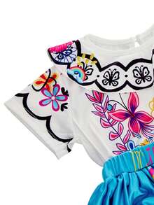 3PCS Girls Dress Set, Children Short Sleeve Princess Dress, Girls Costume Dress Up, Kids Printed Dress Cute Dress, Holiday Celebration Gown (With Bag) - Blue - View 6