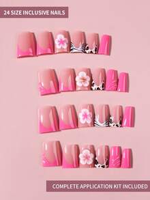 24pcs Y2K Style Long Duck Mouth Acrylic Press-On Nails, 3D Pink Floral Design With Metal Bead Decor, Includes 1pc Gel Polish And 1pc Nail File - Multicolor - View 3