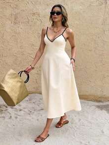Frenchy Vestido de vacaciones con tirantes de espagueti, espalda descubierta y longitud hasta la pantorrilla - Albaricoque - Ver 1