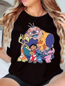 Lilo And Stitch Characters Group Print Disney Women T Shirt Round Neck Short Sleeve Casual Daily Wear Summer Outfit Soft Comfortable 220g - màu đen - Xem 1