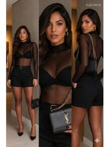 Women's Bodysuit In Tulle With Long, Transparent Sleeves, Fashionable For Foreigners, Night Out - 黑色 - 查看 3