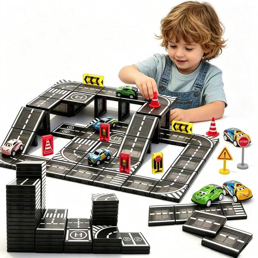 Magic Road Travel Set (Includes Magnetic Road Signs, Magnetic Building Blocks), Portable Travel Toy, STEM Educational Creative Building Toy, Children's Intellectual Toy - Random Color, Christmas Stocking Stuffer - Multicolor - View 1