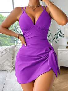 Vestido de baño informal de tirantes de espagueti con nudo en la cintura de unicolor para mujer - azul marino - Ver 9