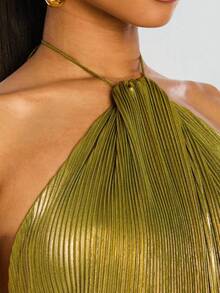 Women's Gold Halter Backless Party Long Dress With Slit Elegant & Sexy Sleeveless Prom Gown - 金色 - 查看 4