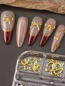 6pcs 3D Bow Nail Art Decorations, Gold & Silver Hollow And Solid Bow Nail Accessories, Multi-Size Metal Ribbon Nail Decor Suitable For Wedding, Valentine's Day, Graduation Ceremony And Daily Wear Nail Charms - Multicolor - View 7