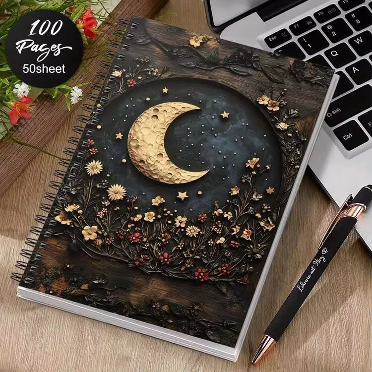 1pc Spiral Bound Notebook With Gold Crescent Moon And Star Design, Perfect For Note-Taking, Journaling, Making Lists, Or As A Gift For Women, Men And Friends, Cover Depicts Night Sky Art, 2D - H - View 1