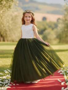 Tween Girl White Lace Patchwork Contrast Color Mesh Sleeveless Dress, Flower Girl Wedding Party Formal Gown - Dark Green - View 8