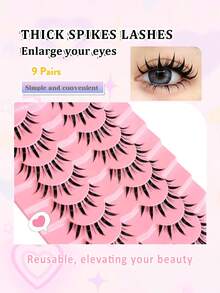 Asiteo 9 Pairs Cartoon Style Natural Cat Eye False Eyelashes, Criss-Cross Thick Spikes Faux Mink False Eyelashes, Anime Lashes, Manga Lashes, Makeup Extension Tool For Party & Travel - Spiky Manga Lashes - View 3