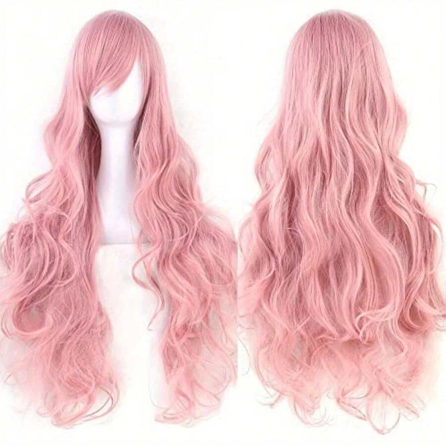 A Soft Pink Slanted Bangs, Big Waves, Long Curly Hair Wig, Fluffy And Voluminous, Suitable For Sweet Dressing, Garden Travel, And Can Be Used For Dream Themed Parties, Makeup Parties, And Soft And Cute Cosplay And Role-Playing Styling - Pink - View 1