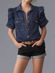 女款休閒復古牛仔襯衫上衣 素色休閒牛仔面料 前扣口袋設計 復古日常約會 春夏秋適用 - 藍色 - 查看 1