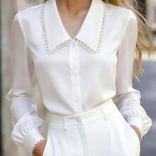 Blusa de satén para mujer, camisa de manga larga con cuello y botones, ajuste estándar, adecuada para verano, primavera y otoño, color blanco - Blanco - Ver 2