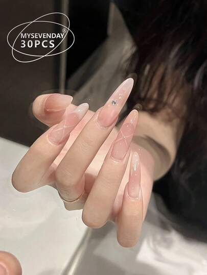 30pcs Almond/Striped Minimalist Rhinestone Design False Nail Stickers For Women, Suitable For Parties, Festivals And Daily Use. Includes 1pc Glue And 1pc Nail File.