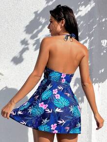 WaveBikini Navy Tropical Floral Halter Swim Dress, Underwire Ruched A-Line Skirt Swimsuit For Women - Multicolor - View 2