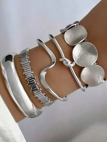 5pcs Set Vintage Exaggerated Luxury Geometric Design Wide Metal Bangle Bracelet Set, Suitable For Daily Wear And Gift - Silver - View 2