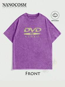 [100% Cotton] DVD Video Nostalgic Green Logo Vintage Gaming Print T-Shirt 2000s Aesthetic Retro Summer Shirt - Unisex Women & Men's Campus Daily Wear - Washed T - Rple - 查看 1